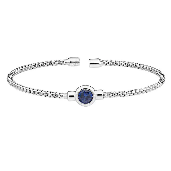 Rhodium Finish Sterling Silver Rounded Box Link Cuff Bracelet with Bezel Set Simulated Sapphire Birth Gem Blocher Jewelers Ellwood City, PA