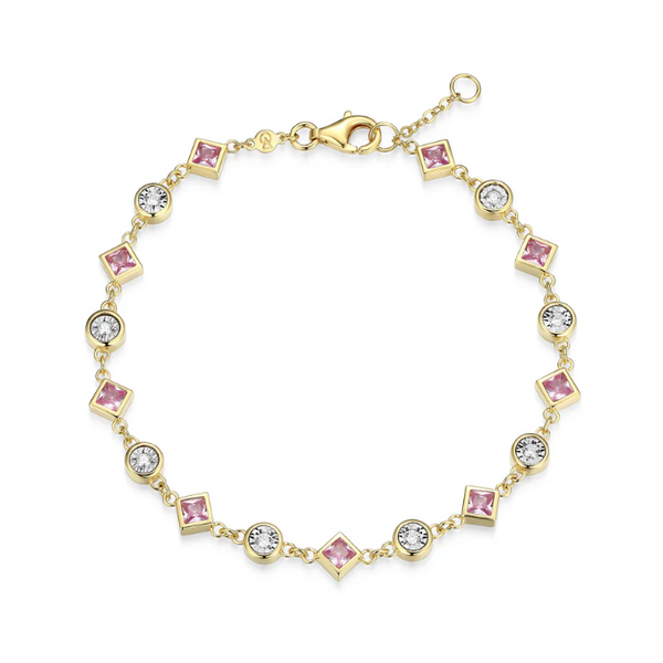 Lab-Created Pink Sapphire & 1/5ctw Lab-Created Diamond Station Bracelet, 14K Yellow Gold Plated Sterling Silver, G-H, SI, 6.75