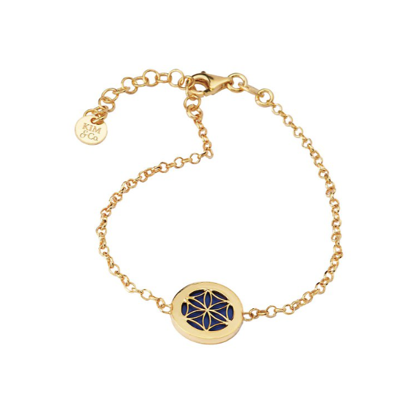 Gold Plated 12.5mm Framed Composite Lapis Disc Bracelet, 8