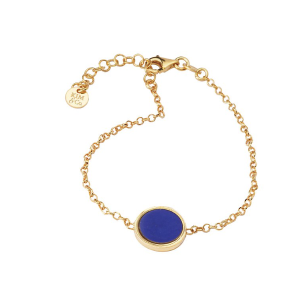 Gold Plated 12.5mm Framed Composite Lapis Disc Bracelet, 8