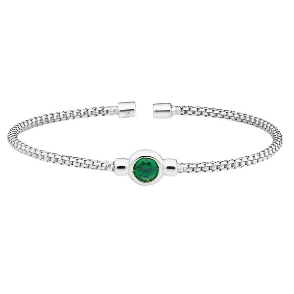 Bezel Set Simulated Emerald (May), Sterling Silver Rounded Box Link Cuff Bracelet,  Rhodium Finish Blocher Jewelers Ellwood City, PA