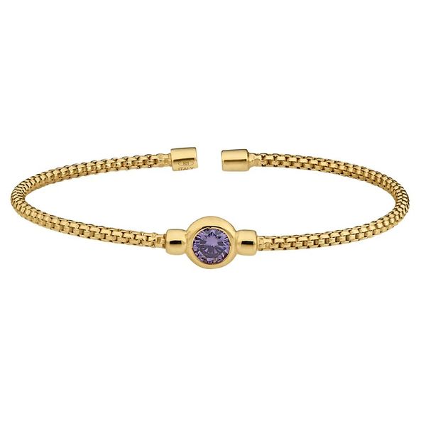 Bezel Set Simulated Light Amethyst (June), Gold Finish Sterling Silver Rounded Box Link Cuff Bracelet Blocher Jewelers Ellwood City, PA