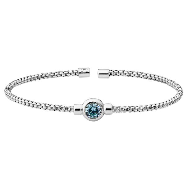 Bezel Set Simulated Aqua Marine (March), Sterling Silver Rounded Box Link Cuff Bracelet,  Rhodium Finish Blocher Jewelers Ellwood City, PA