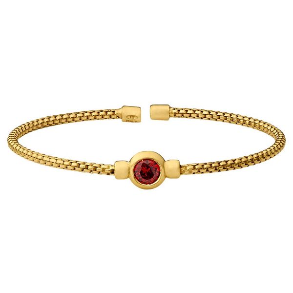 Bezel Set Simulated Garnet (January), Gold Finish Sterling Silver Rounded Box Link Cuff Bracelet Blocher Jewelers Ellwood City, PA