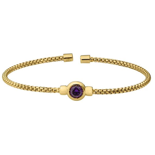 Bezel Set Simulated Amethyst (February), Gold Finish Sterling Silver Rounded Box Link Cuff Bracelet Blocher Jewelers Ellwood City, PA