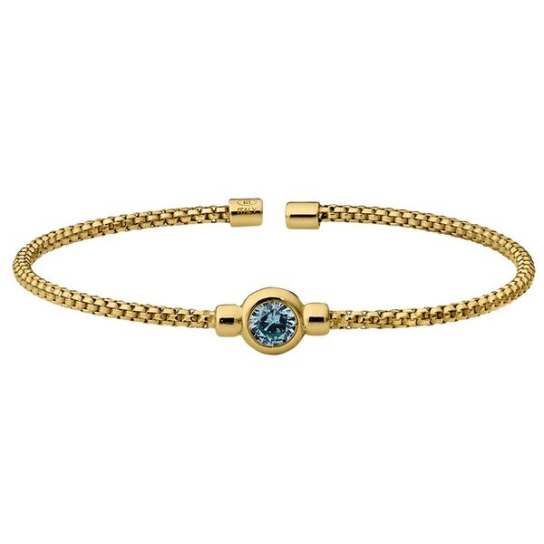 Gold Finish Sterling Silver Rounded Box Link Cuff With Bezel Set Simulated Aquamarine Blocher Jewelers Ellwood City, PA