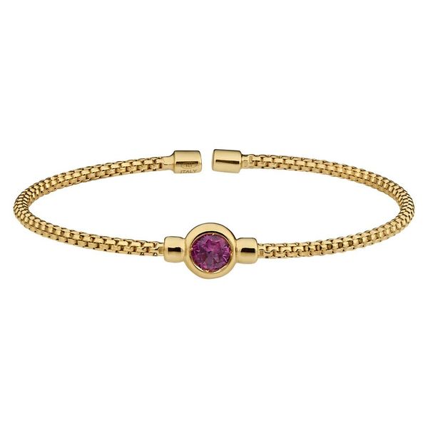 Bezel Set Simulated Ruby (July), Gold Finish Sterling Silver Rounded Box Link Cuff Bracelet Blocher Jewelers Ellwood City, PA