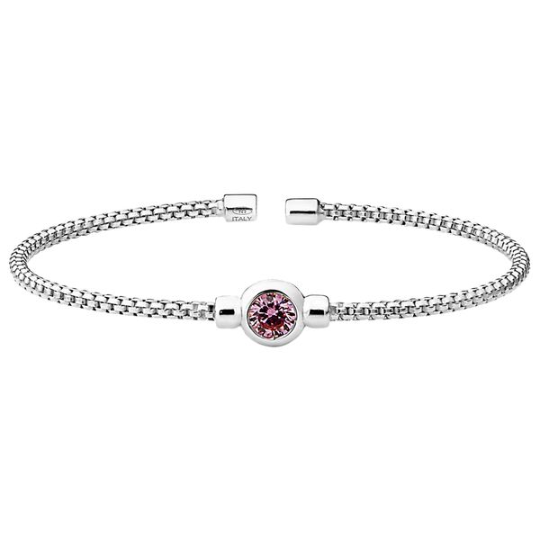 Bezel Set Simulated Pink Sapphire (October), Sterling Silver Rounded Box Link Cuff Bracelet,  Rhodium Finish Blocher Jewelers Ellwood City, PA