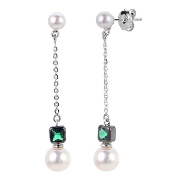 Sterling Silver Fresh Water Cultured Pearl Dangle Stud Earrings with Two Stationed Lab-Created Emeralds set in Black Rhodium-plated Silver Blocher Jewelers Ellwood City, PA