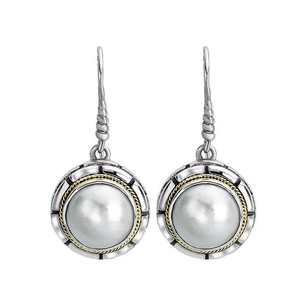 Sterling Silver and 18K Yellow Gold Drop Earrings with White Mabe Pearls Blocher Jewelers Ellwood City, PA