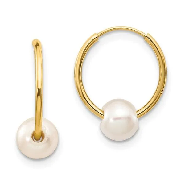 10k 5-6mm White Semi-round Freshwater Cultured Pearl Endless Hoop Earrings Blocher Jewelers Ellwood City, PA