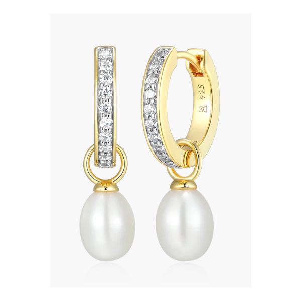 Freshwater Pearl & 1/5ctw Lab-Created Diamond Huggie Earrings in 14K Yellow Gold-Plated Sterling Silver Blocher Jewelers Ellwood City, PA