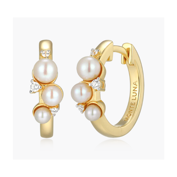 Scattered Genuine Pearl & 1/20ctw Lab-Created Diamond Huggie Earrings in 14K Gold & Rhodium-Plated Sterling Silver Blocher Jewelers Ellwood City, PA