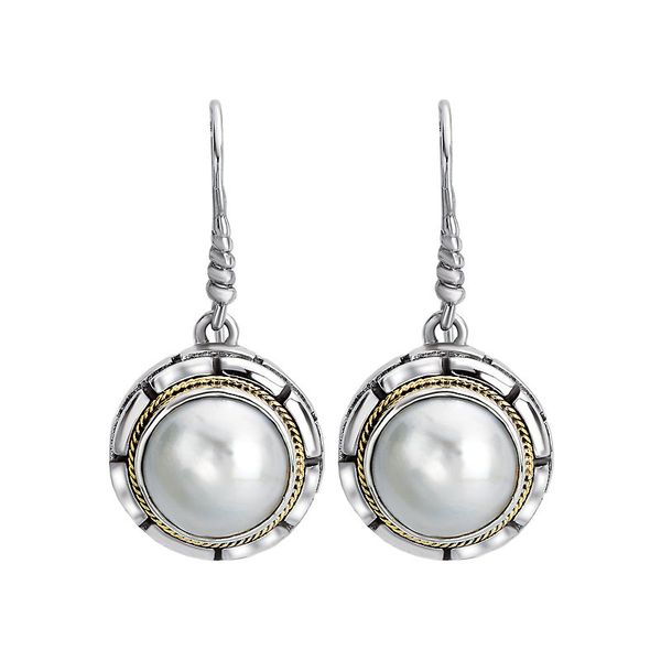 Sterling Silver and 18K Yellow Gold Drop Earrings with 10mm White Mabe Pearls Blocher Jewelers Ellwood City, PA