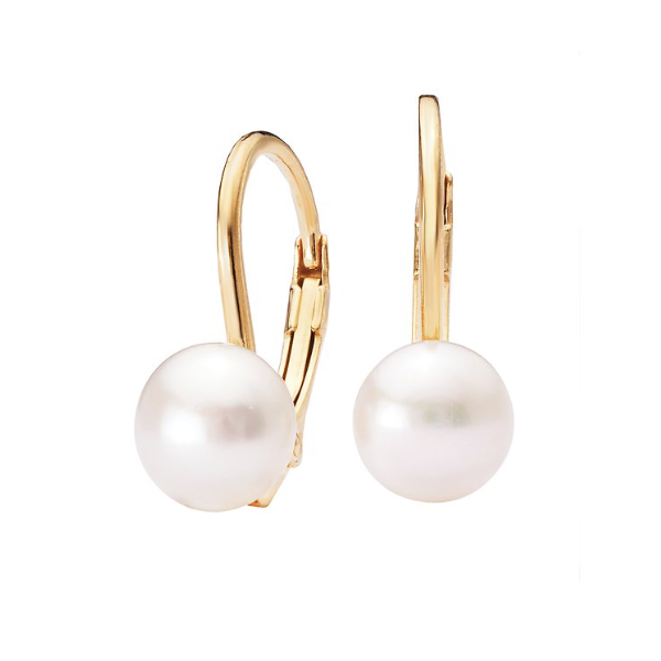 Italian 8mm Button Pearl Gold Plated Lever Back Earrings Blocher Jewelers Ellwood City, PA