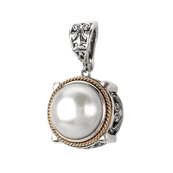 Round Sterling Silver Pendant with a 13mm Mabe Pearl Center Stone and 18kt Yellow Gold Rope Accent Design Blocher Jewelers Ellwood City, PA