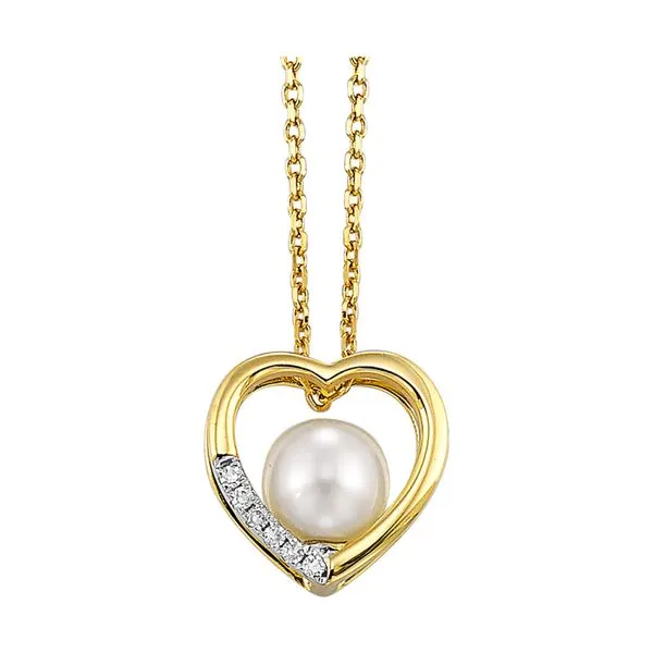 14K Yellow Gold 1/50ctw Diamond and Pearl Heart Necklace, 18