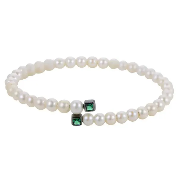 Sterling Silver and Black Rhodium Pearl and Lab-Created Emerald Bypass Bangle Bracelet Blocher Jewelers Ellwood City, PA