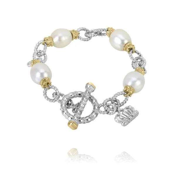 14K Yellow Gold and Sterling Silver White Pearl Station Bracelet Blocher Jewelers Ellwood City, PA