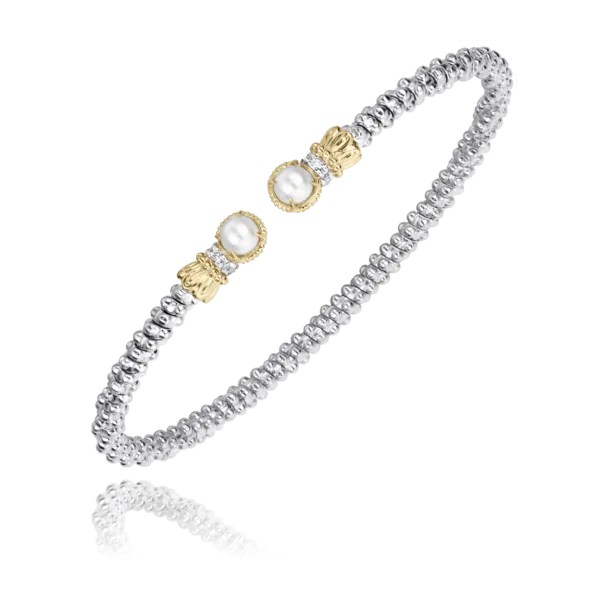 Sterling Silver and 14K Yellow Gold Open Band Pearl Bracelet with 0.08CTW Diamonds Blocher Jewelers Ellwood City, PA