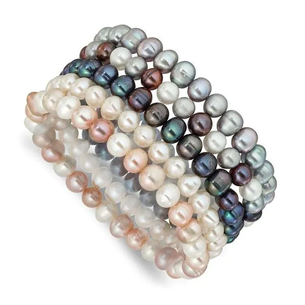 Grey, White, Black and Pink Semi-Round Freshwater Cultured Pearl 5-piece Stretch Bracelet Set 6-7mm Blocher Jewelers Ellwood City, PA