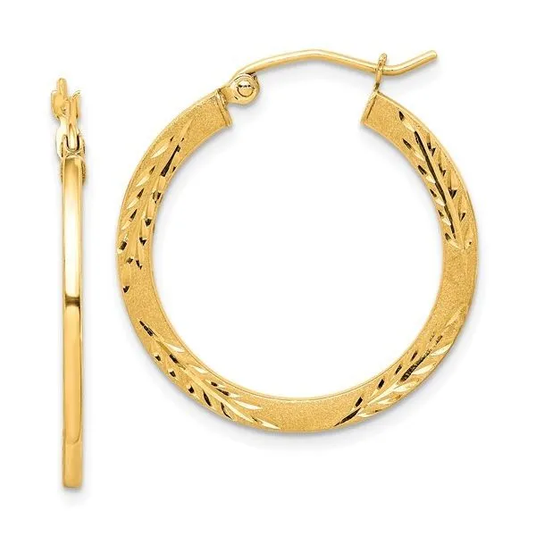 10K YG Satin Diamond Cut Hoop Earrings, 26mm x 25mm Blocher Jewelers Ellwood City, PA