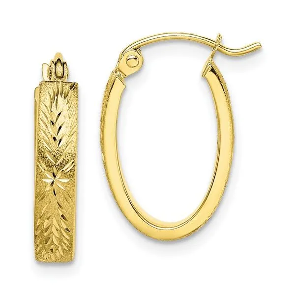 10K YG, Brushed Diamond Cut Oval Hoop Earrings, 19mm x 13mm Blocher Jewelers Ellwood City, PA