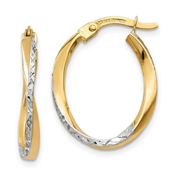 10K with White Rhodium Textured and Polished Oval Hoop Earrings 17mm Blocher Jewelers Ellwood City, PA
