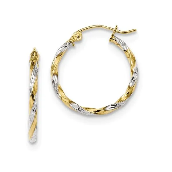 10K And Rhodium Hollow Twisted Hoop Earrings 21.25mm x 2mm Blocher Jewelers Ellwood City, PA
