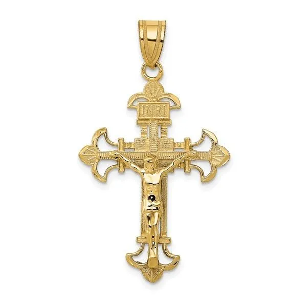 14K Yellow Gold INRI Fleur De Lis Crucifix Pendant Blocher Jewelers Ellwood City, PA