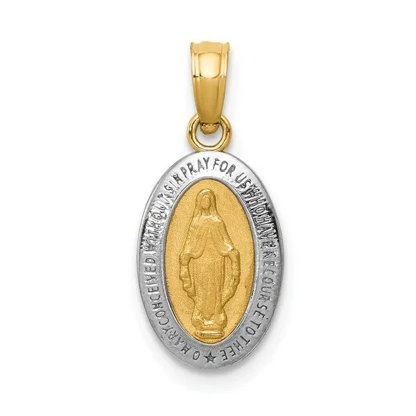 14K Yellow Gold  and White Rhodium Solid Small Miraculous Medal Oval Charm, 19.25mm x 8.5mm Blocher Jewelers Ellwood City, PA