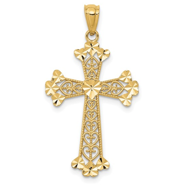 14k Diamond-cut Polished Filigree Hearts Cross Pendant Blocher Jewelers Ellwood City, PA