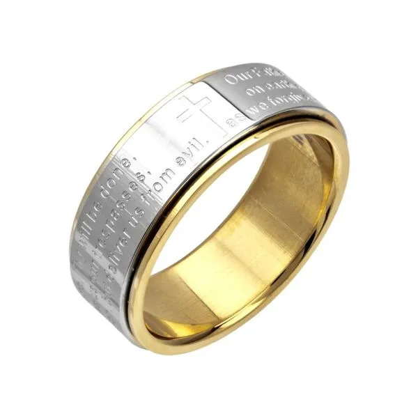 Stainless Steel, Gold IP Center Lord's Prayer Spinner Ring Size 10 Blocher Jewelers Ellwood City, PA