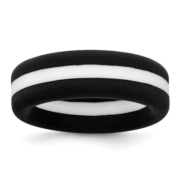 Silicone Black with White Line Center 7.5mm Flat Band Size 10 Blocher Jewelers Ellwood City, PA
