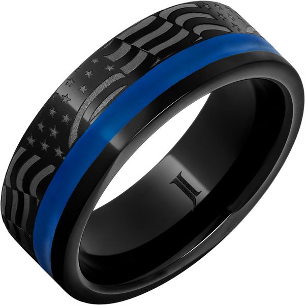 The Old Glory American Flag Ring, Crafted In Black Diamond Ceramic With Blue Enamel Inlay, 8mm,  Size 10 Blocher Jewelers Ellwood City, PA