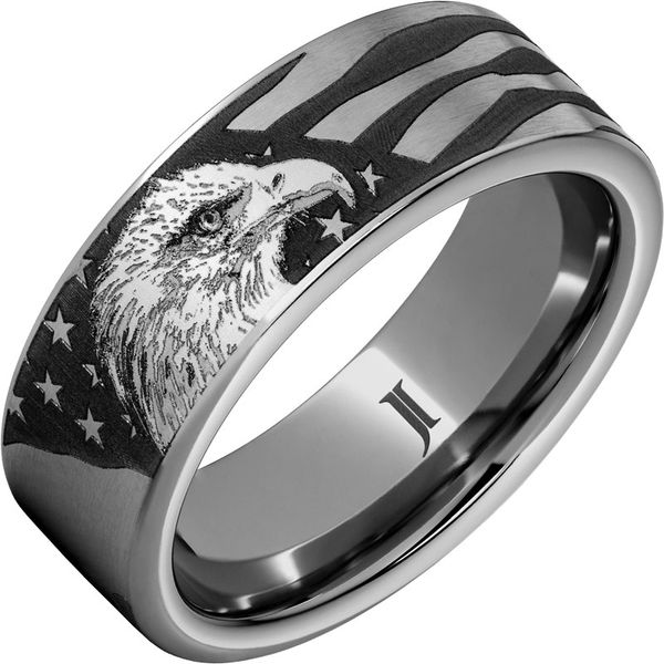 Engraving Of An American Bald Eagle with The Stars And Stripes Tungsten Ring, 8mm, Size 10 Blocher Jewelers Ellwood City, PA