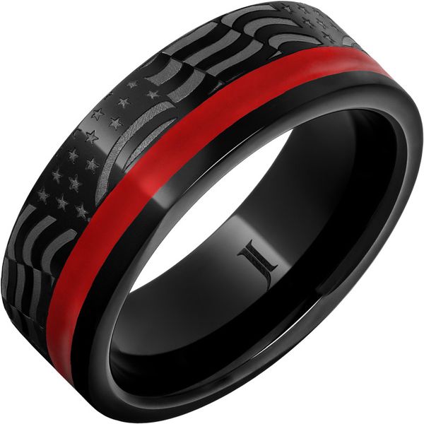 Old Glory American Flag Ring, Black Diamond Ceramic With Red Enamel Inlay, 8mm. Red Enamel 2mm, Size 11 Blocher Jewelers Ellwood City, PA