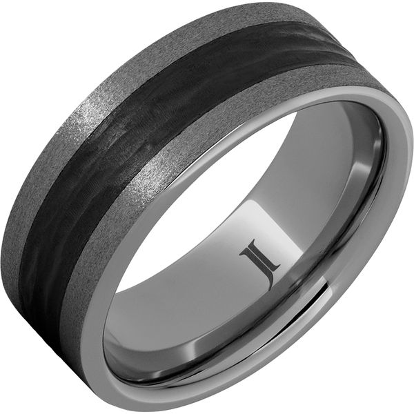 Tungsten Ring, Treebark Engraved Black Ceramic Insert And Stone Finish, 8mm, Size 9 Blocher Jewelers Ellwood City, PA