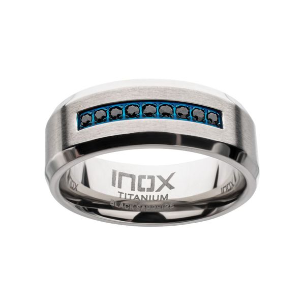 8mm Blue IP Titanium Inlay with Black Natural Sapphire Comfort Fit Ring, Size 10 Image 2 Blocher Jewelers Ellwood City, PA