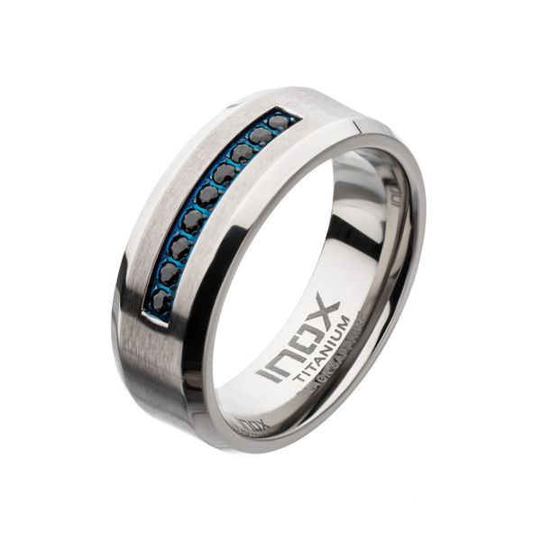 8mm Blue IP Titanium Inlay with Black Natural Sapphire Comfort Fit Ring, Size 10 Blocher Jewelers Ellwood City, PA
