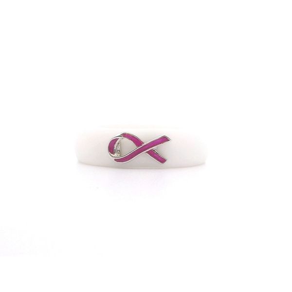 White Sterling Silver Breast Cancer Enamel Ribbon Silicone Ring Size 6 Blocher Jewelers Ellwood City, PA