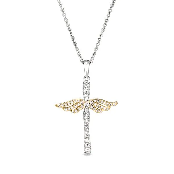 Sterling Silver Micropave Cross with Gold-Plated Angel Wings Blocher Jewelers Ellwood City, PA