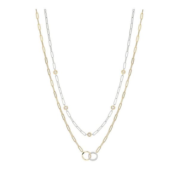Sterling Silver Two-Tone Paperclip Layered Necklace with CZ Stations and Double CZ Circles Blocher Jewelers Ellwood City, PA