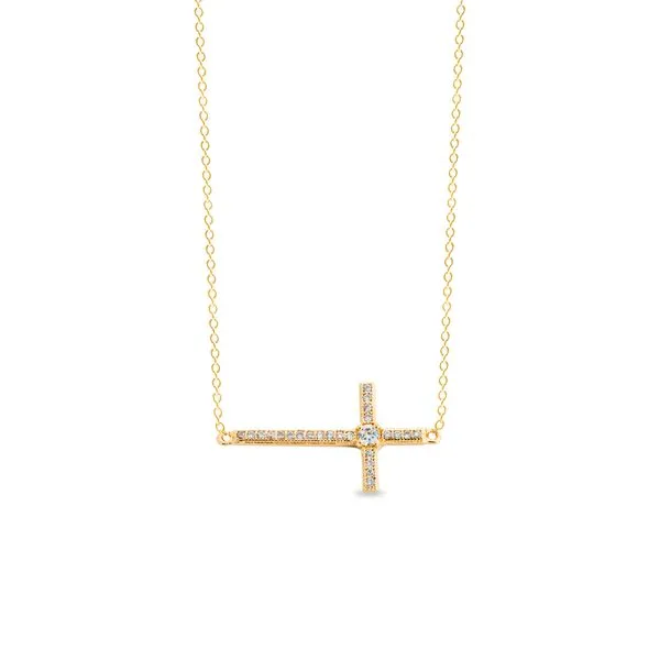 Gold Finish Sterling Silver Micropave Sideways Cross Necklace with Simulated Diamonds Blocher Jewelers Ellwood City, PA