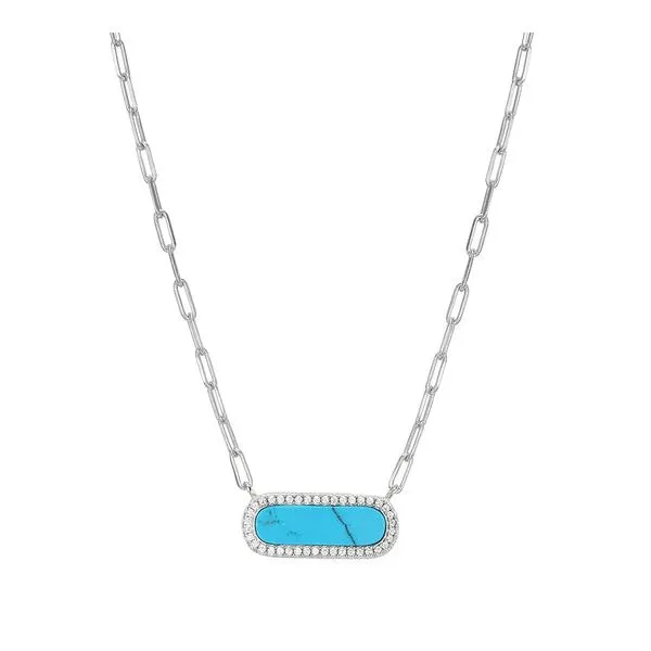 Sterling Silver Necklace made with Paperclip Chain and Synthetic Turquoise with CZ Blocher Jewelers Ellwood City, PA
