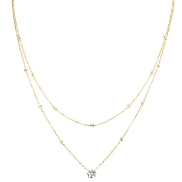 Gold Vermeil Sterling Silver Micropave 2 Chain Layered Necklace with Small Round Bezel Set Simulated Diamonds and One Solitaire Prong Set Simulated Di Blocher Jewelers Ellwood City, PA