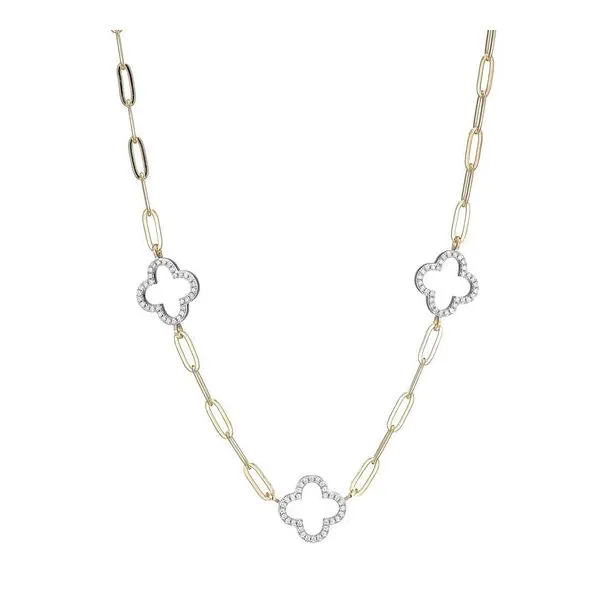 Two-Tone Sterling Silver Necklace made with Paperclip Chain and 3 CZ Clover Stations Blocher Jewelers Ellwood City, PA