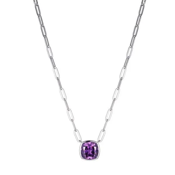 Sterling Silver Necklace with Amethyst Color CZ On 3mm Paperclip Chain, Measures 17
