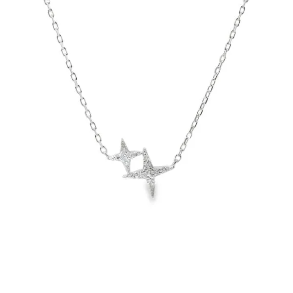 Sterling Silver Double Cross Star Necklace With Simulated Diamonds On 16