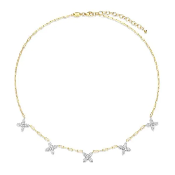 Sterling Silver Gold Plated CZ Flora Station Necklace with 14K Yellow Gold and Rhodium Finishes 17
